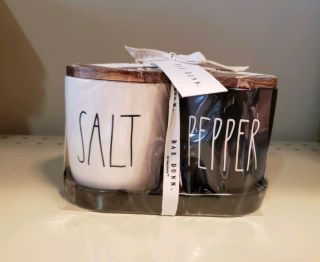 Rae Dunn Ivory Salt Black Pepper Wood Lid Cellar Set With Black Tray Ceramic