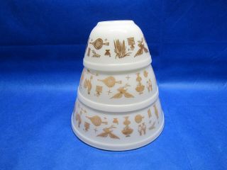 Set Of 3 Vintage Pyrex Early American Mixing Bowl Rooster Eagle 401,  402,  403