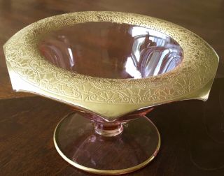ART DECO PINK DEPRESSION GLASS WITH GOLD TRIM CANDY DISH/BOWL 3