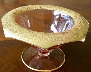 ART DECO PINK DEPRESSION GLASS WITH GOLD TRIM CANDY DISH/BOWL 4