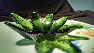 Blenko Freeform Candy Dish / Ashtray Hand Crafted Art Glass Green W Sticker