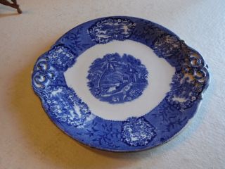Antique Old Bonn Malta Germany Flow Blue White Tab Handle Cake Plate Embossed