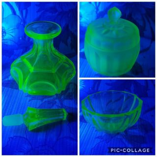 Sowerby Art Deco Uranium Green Glass Dressing Table Perfume Bottle Lidded Dish