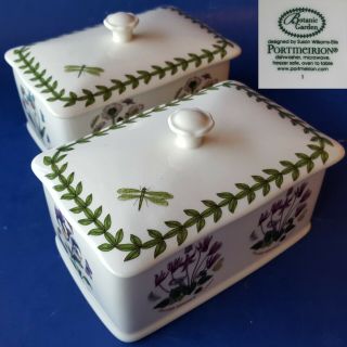 2 Portmeirion Botanic Garden Porcelain Rectangular Boxes W/lids Butterfly Flower