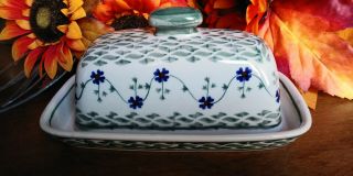 Polish Pottery Green Blue Floral Butter Dish & Lid Handmade Poland Boleslawiec