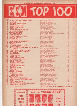 2sm 78 National Top 100 Music Chart Sep 11 1964 Beatles Rolling Stones Oz