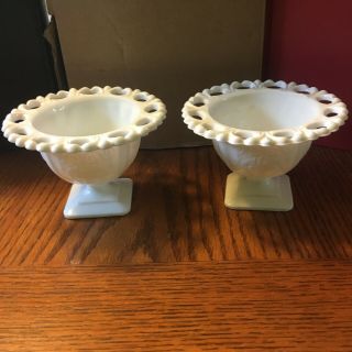 2 Open Lace White Milk Glass Footed Bowls Sherbet Dish Lorain Basket Pattern