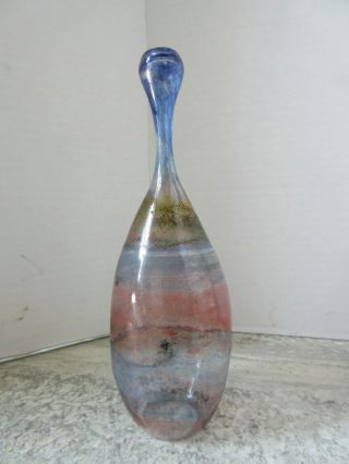 Vintage Studio Art Glass Vase Iridescent Slender Blue Red Signed 1985