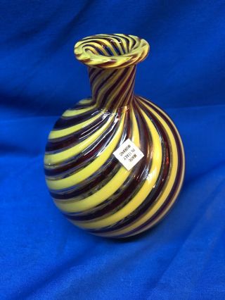 Vintage Murano Italy Red And Yellow Swirl Vase Art Glass