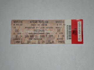 Radiohead Concert Ticket Stub - 2008 - In Rainbows Tour - Nissan Pavilion - Bristow,  Va