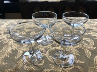 Set Of 4 Vintage Clear " Art Deco " Champagne Coupe / Saucer Type Glasses.