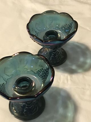 Vintage Indiana Blue Iridescent Carnival Glass Harvest Grape Candle Holders
