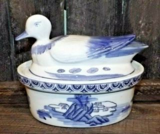 Blue & White Ceramic Oriental Duck On A Nest