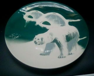 Vint.  Mcm Matthew Adams Polar Bear Plate Signed 161 Alaska Calif Pottery Sascha