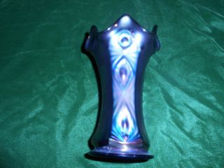 Antique 5 3/4 " Cobalt Blue Iridescent Carnival Glass Vase Scalloped Top