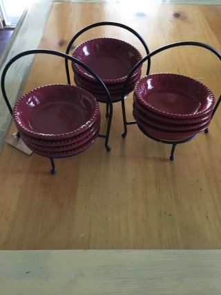 Signature Sorrento Ruby Red Dip Bowl Set W/ 4 Bowls And Iron Caddy (3 Available)