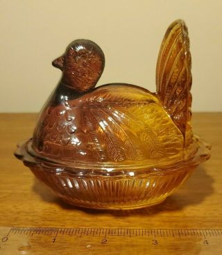 Vintage Amber Glass Turkey On Nest Lidded Candy Nut Jar Dish