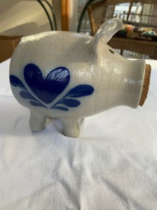 Salmon Falls Stoneware Pottery - Piggy Bank Pig - Blue Heart With Cork Nose