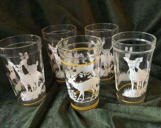 5 Vintage Hazel Atlas Jelly Jar Drinking Glass Tumblers - Yellow & White Deer
