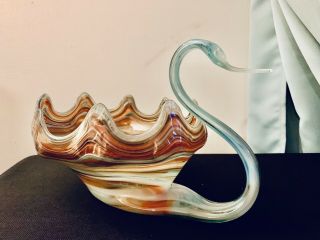 Large Murano Glass Swan Swirled Bowl/planter Center Piece Gorgeous Mid - Century