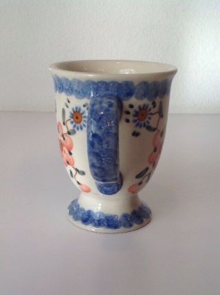 Polish Pottery Stoneware Coffee Mug Cup Pedestal 8 oz Pink Flowers Blue Border 2