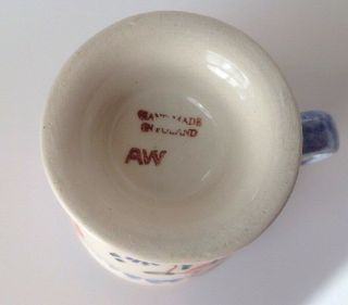 Polish Pottery Stoneware Coffee Mug Cup Pedestal 8 oz Pink Flowers Blue Border 5