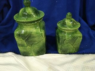 Vietri Italy Foglia Green Leaf Embossed Hand Painted Canisters Set Of 2