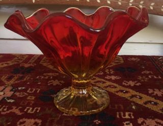 Vintage Fenton ? Orange Amberina Pedestal Bowl With Ruffle Edge