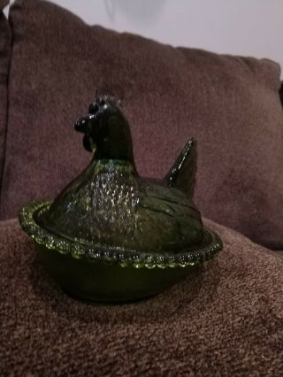 Vintage Indiana Green Glass Hen Chicken On A Nest Covered Dish Beaded