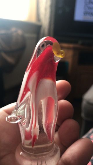 Vintage Murano Glass Penguin Red,  White & Clear With A Yellow Beak 8cm Tall