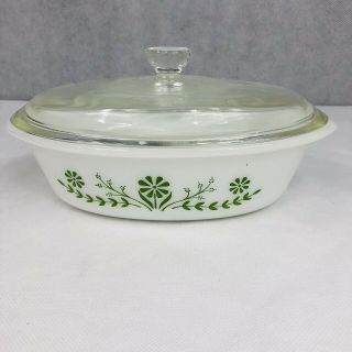 Vintage Glasbake Usa Casserole Oval Milk Glass Green Floral Patter With Lid