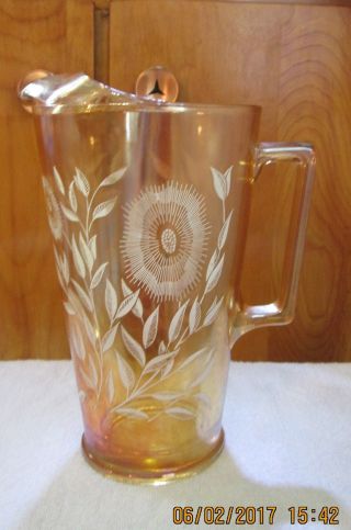 Jeanette Marigold Carnival Glass Pitcher Flowers 1940s