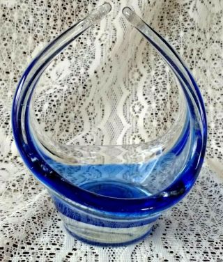 Beautifully Shaped Vintage Murano Glass Basket/bowl - Blue & Clear Glass - 7 " High