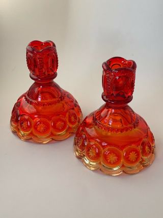 2 Vintage Le Smith Glass Amberina Moon & Star Taper Candle Stick Holders