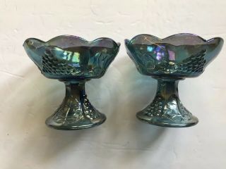 Indiana Blue/gold Carnival Glass Harvest Grape Candle Stick Holders Pair