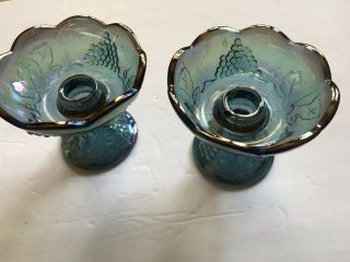 Indiana Blue/Gold Carnival Glass Harvest Grape Candle Stick Holders Pair 2