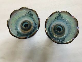 Indiana Blue/Gold Carnival Glass Harvest Grape Candle Stick Holders Pair 3