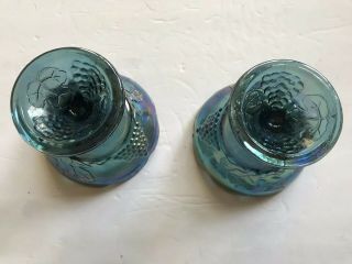 Indiana Blue/Gold Carnival Glass Harvest Grape Candle Stick Holders Pair 4