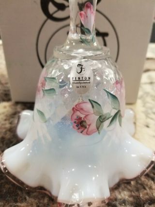 Fenton Glass Bell French Opal Pink Ring Hand Painted Artist Signed