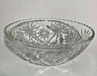 Round Cut Glass Serving Bowl Hobstar Pattern Clear Dish 10.  5 "