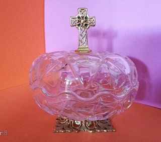 Royal Crystal Rock Hand Cut Footed Candy Box Pot Jar With Lid & Gilded Cross