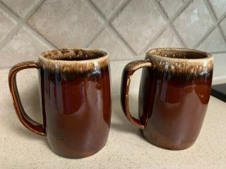 Two 5” Vintage Hull Pottery Usa Brown Drip Beer Stein/mug With Handle