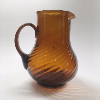 Vintage Brown Amber Glass Pitcher With Swirled Pattern & Rough Pontil Holds 75oz