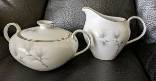 Vtg Amcrest Caroline China Sugar Bowl With Lid & Creamer Meito Gray Pine Cones