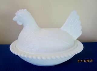 Indiana White Milk Glass Hen On Beaded Nest - Covered Candy Dish