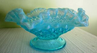 Vintage Fenton Blue Opalescent Hobnail Ruffled Bowl