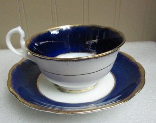 OLD ROYAL ALBERT COBALT BLUE w GOLD TRIM GRAPES & FRUIT TEA CUP & SAUCER c 1930s 2