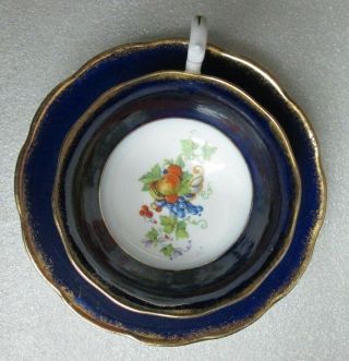 OLD ROYAL ALBERT COBALT BLUE w GOLD TRIM GRAPES & FRUIT TEA CUP & SAUCER c 1930s 5