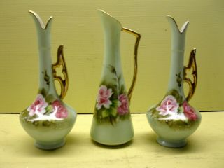 Lefton China Hand Painted Heritage Green Bud Vases Set Of 3 Euc