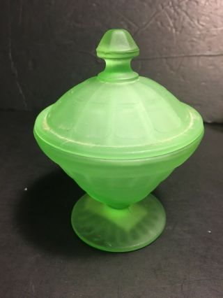 Anchor Hocking Green Uranium? Satin Glass Block Optic Candy Jar/dish With Lidded
